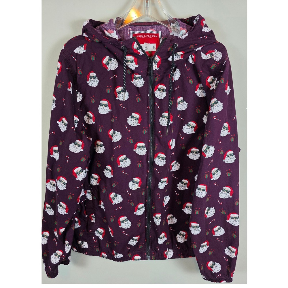 DENIM & FLOWER RICKY SINGH Mens XL Full Zip Santa Claus‎ Print Hooded Jacket